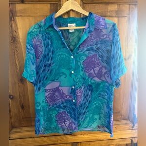 Vintage Modern Essentials Silk-Like Teal & Purple Sheer Button-Up Blouse Medium